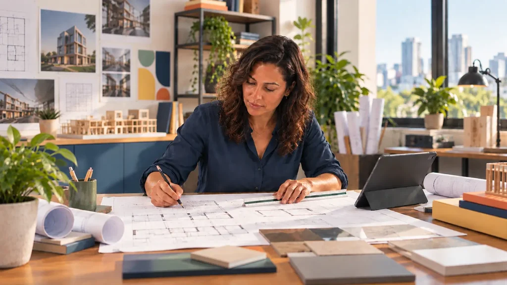 Arquiteta em escritório de arquitetura desenhando e assinando um projeto sobre uma mesa com plantas, cadernos e materiais;
