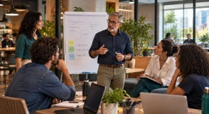 Reunião em ambiente corporativo com um palestrante apontando para um quadro branco e equipe reunida ao redor de laptops, reforçando planejamento e estratégia para longevidade e aposentadoria no trabalho.