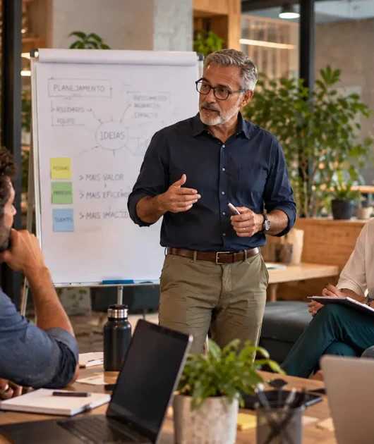 Reunião em ambiente corporativo com um palestrante apontando para um quadro branco e equipe reunida ao redor de laptops, reforçando planejamento e estratégia para longevidade e aposentadoria no trabalho.