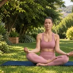 Mulher meditando no jardim, em posição de lótus sobre um tapete azul, relaxando com os olhos fechados, respirando e buscando paz para o corpo e a mente no sono