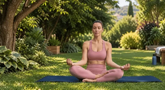 Mulher meditando no jardim, em posição de lótus sobre um tapete azul, relaxando com os olhos fechados, respirando e buscando paz para o corpo e a mente no sono