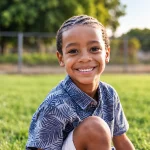 Criança sorrindo ao ar livre em um parque, com a camisa azul e expressão feliz ao fundo com grama e árvores; foco no sorriso e na saúde bucal infantil, dentes de leite