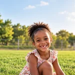 Criança sorrindo ao ar livre em um parque, com a camisa azul e expressão feliz ao fundo com grama e árvores; foco no sorriso e na saúde bucal infantil, dentes de leite