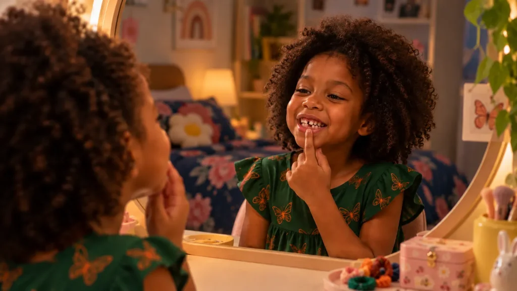 Escovação infantil: Criança sorridente olhando os dentes de leite que caíram e acessórios de brinquedo em uma mesa