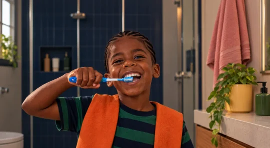 Criança sorrindo enquanto realiza a escovação infantil com uma escova de dentes azul no banheiro, com toalha ao fundo e luz natural.