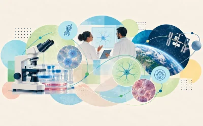 Ilustração de laboratório com microscópio, lâminas e cientistas analisando dados, com elementos visuais de biologia e ciência.