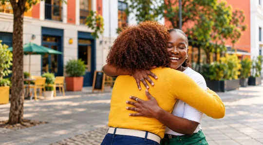 Duas pessoas se abraçando com carinho em frente a um prédio comercial, com uma mulher de cabelo cacheado usando blusa amarela e sorriso no rosto em um dia ensolarado.
